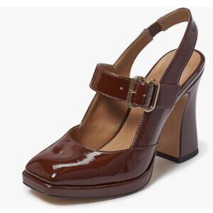 FYS Chocolate Platform Square Toe Pumps Block High Heel Mary Jane Slingback Shoe